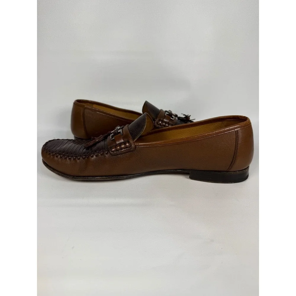 Mezlan Cafaro Brown Genuine Lizard Leather Tassel Loafer Shoes‎ Mens Size 10